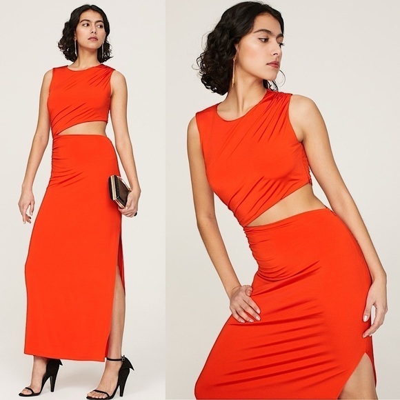 ATLEIN Sleeveless Ruched Asymmetric Cutout Leg Slit Bodycon Sheath Maxi Dress XS - Picture 1 of 7